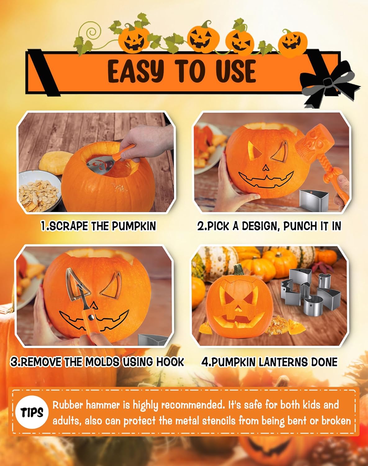 Kids Pumpkin Carving Kit with Hammer | 25-Piece Heavy-Duty Stainless Steel Carving Tools