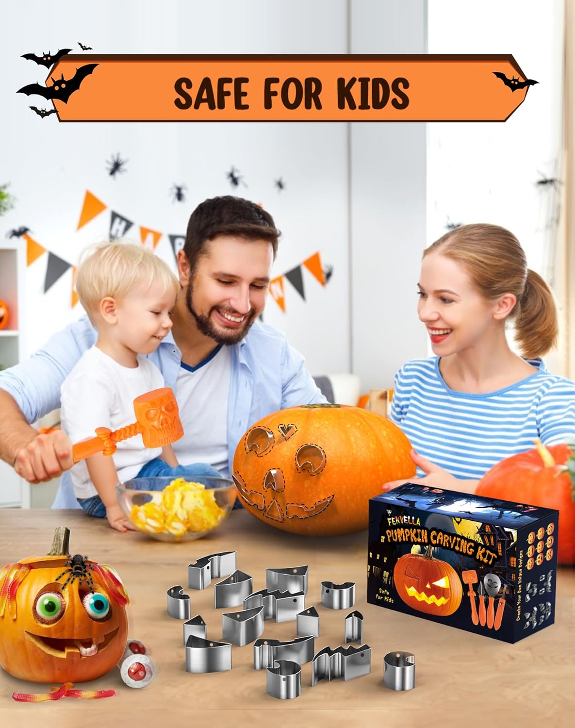 Kids Pumpkin Carving Kit with Hammer | 25-Piece Heavy-Duty Stainless Steel Carving Tools
